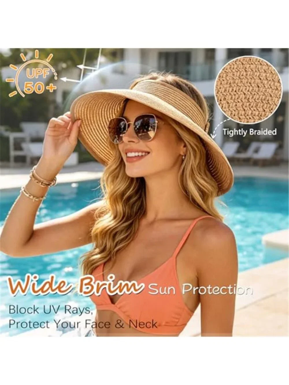 Sun Hats Visor for Women UV UPF Straw Beach Hat Foldable Wide Brim Ponytail